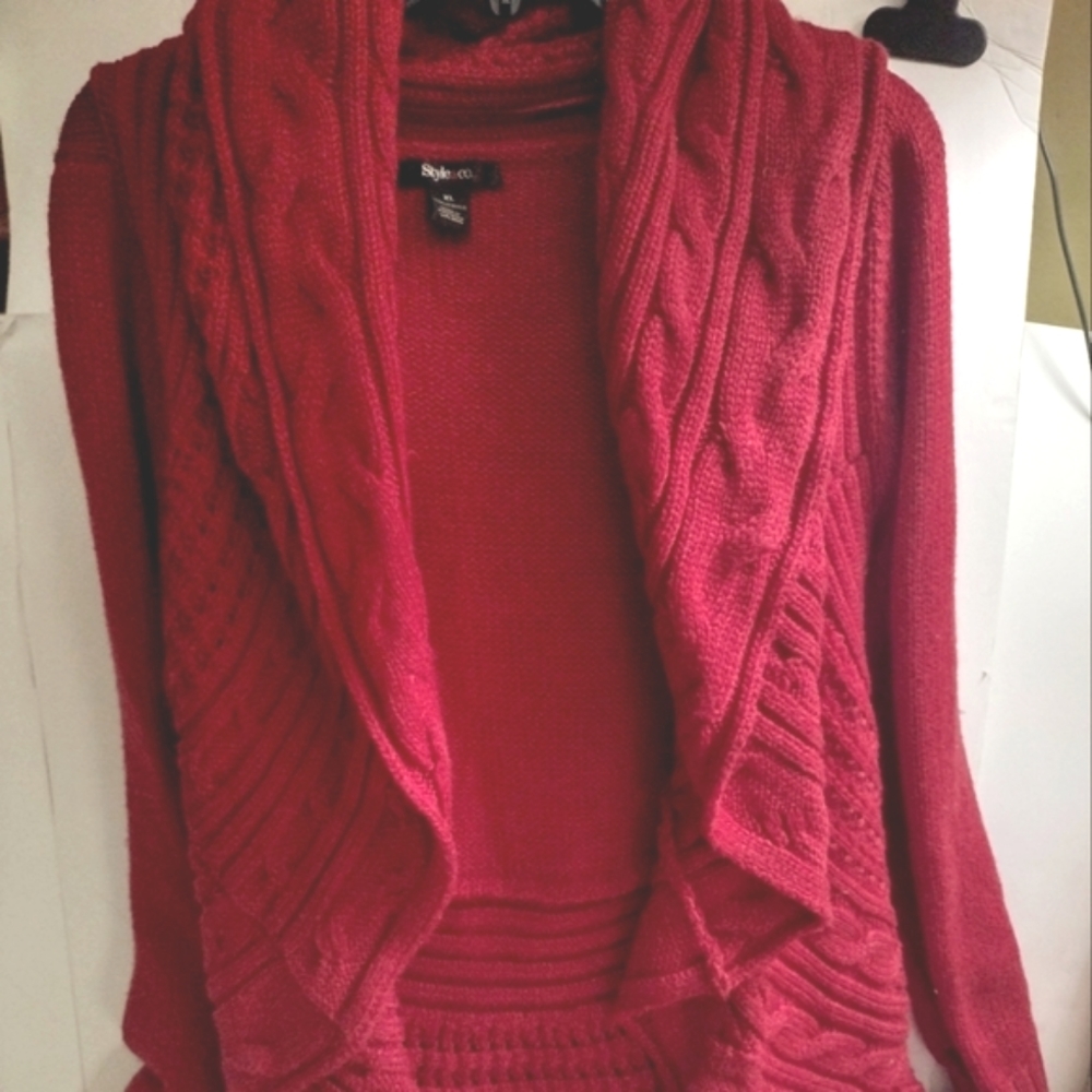 STYLE & CO. RED CIRCULAR BOTTOM SHAWL STYLE RUFFLE FRONT SWEATER XL